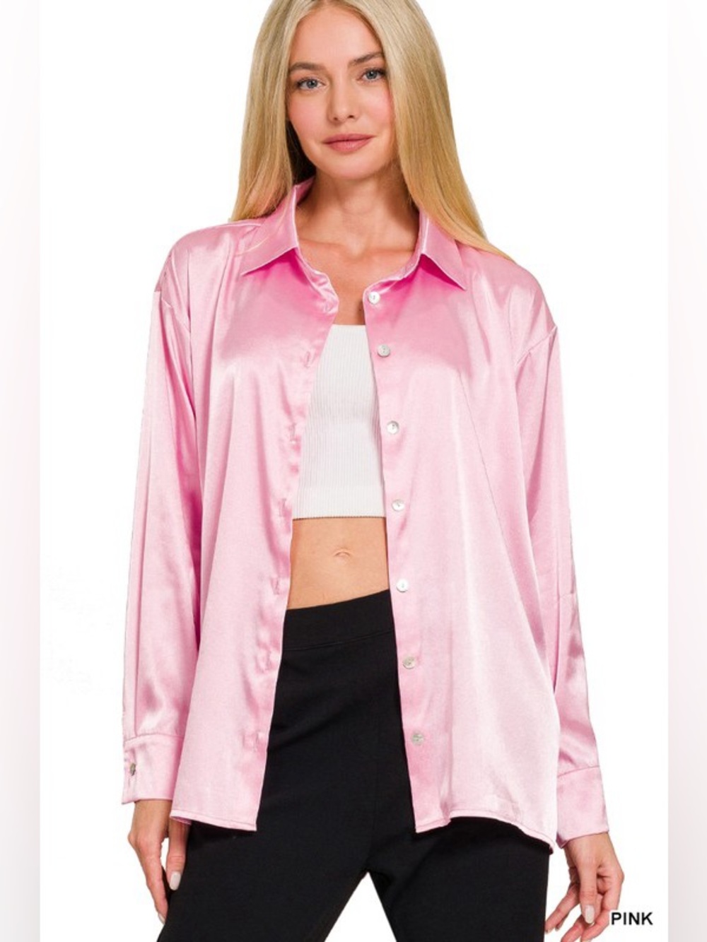 28 NWT Zenana Pink Satin Button-Front Cozy Oversized Shirt Top - Picture 5 of 5